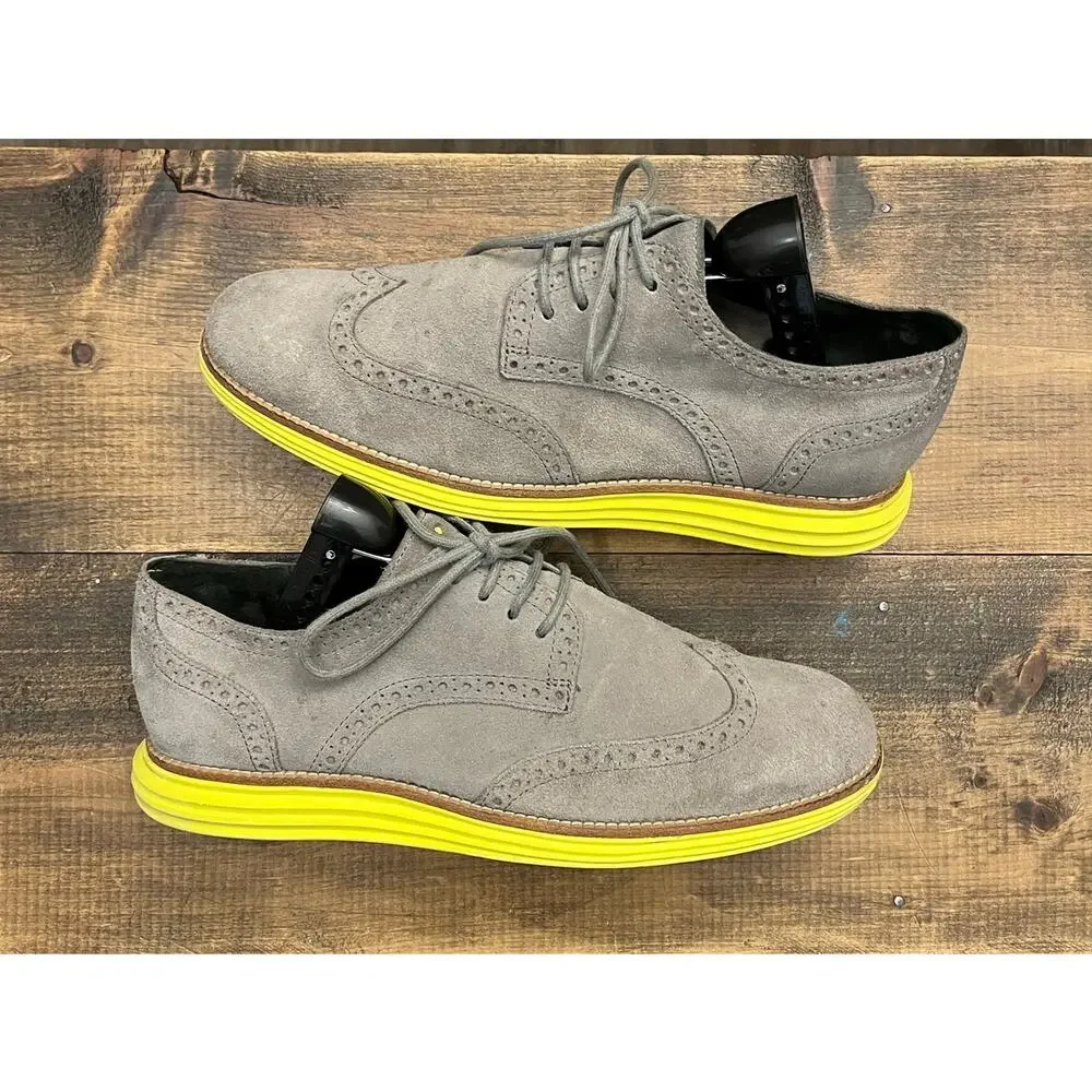 Mens Cole Haan Lunargrand Wingtip Suede Shoes Size 9.5 Gray Volt